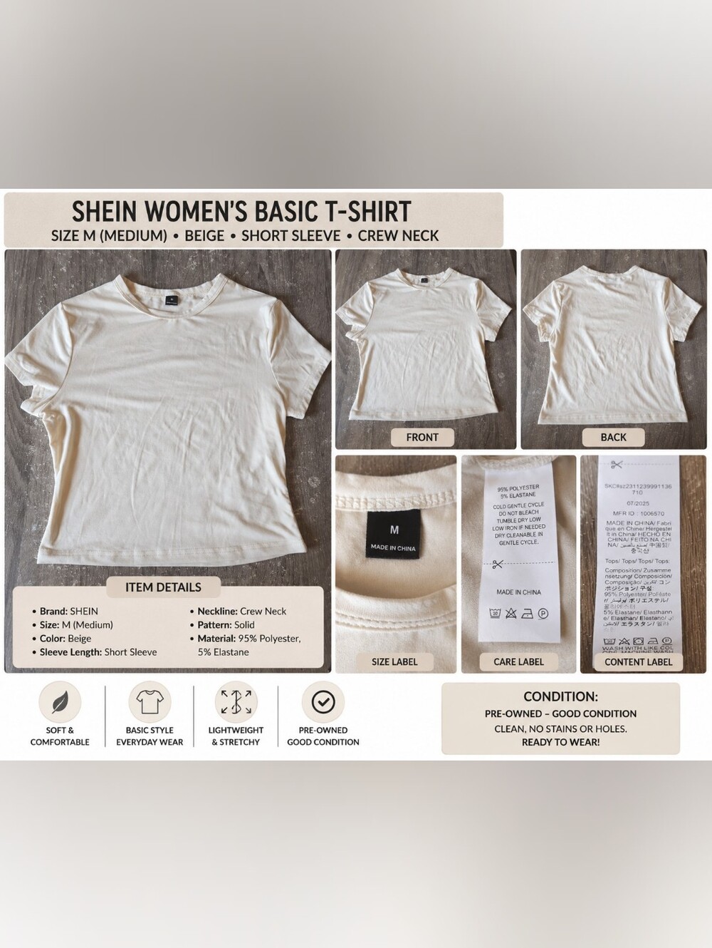SHEIN Beige Women's Basic Crew Neck T-Shirt